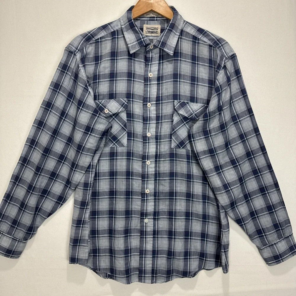 VTG Rare LEVIs Button Dress Shirt sz L Blue Madras Plaid 70 Light Korea Made - Picture 2 of 9